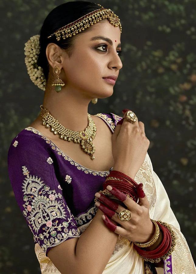 Violet and White Embroidered Wedding Saree
