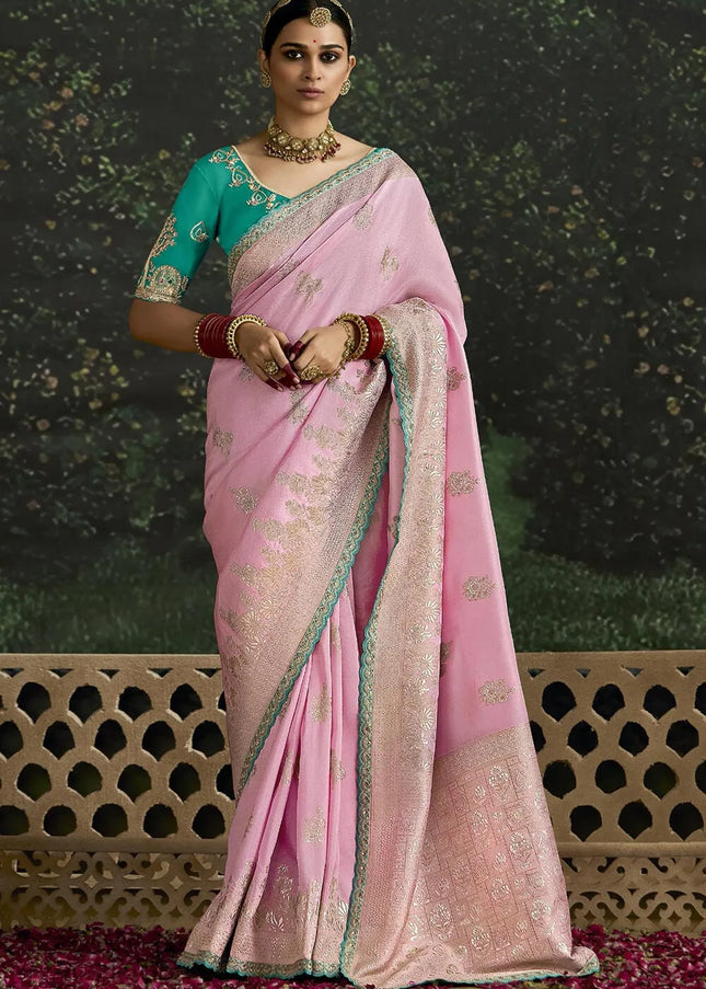 Sea Green and Pink Embroidered Wedding Saree