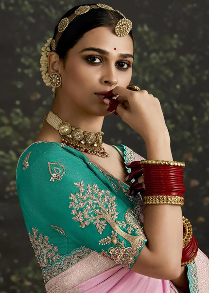 Sea Green and Pink Embroidered Wedding Saree