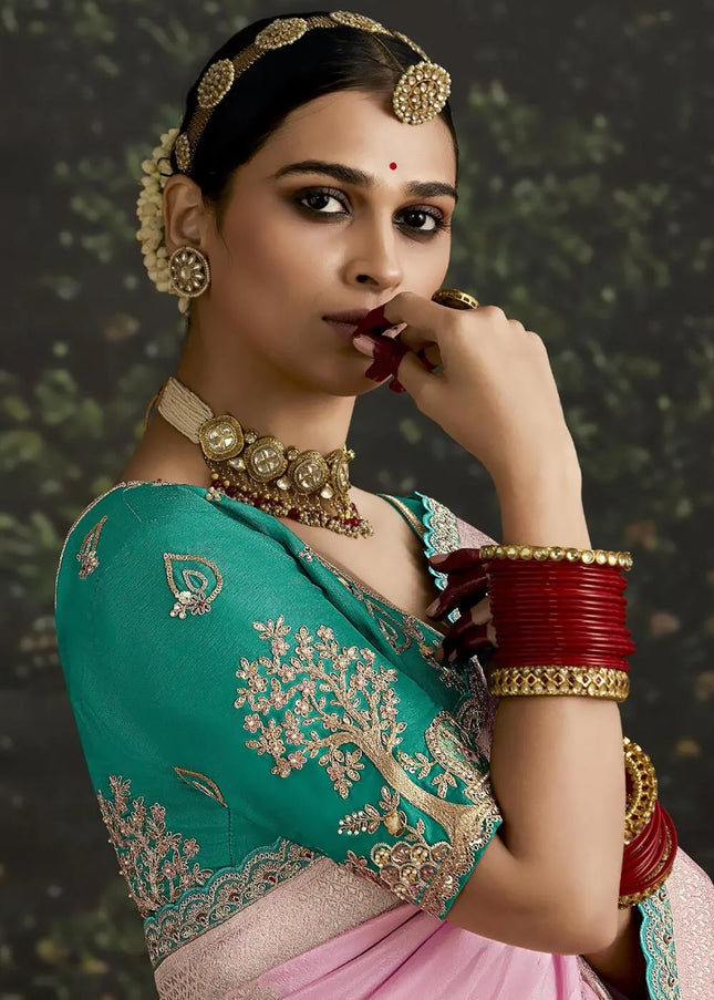 Sea Green and Pink Embroidered Wedding Saree