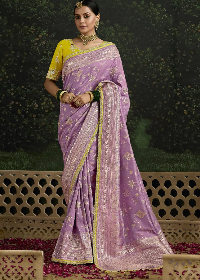 Mustard and Lavender Embroidered Wedding Saree