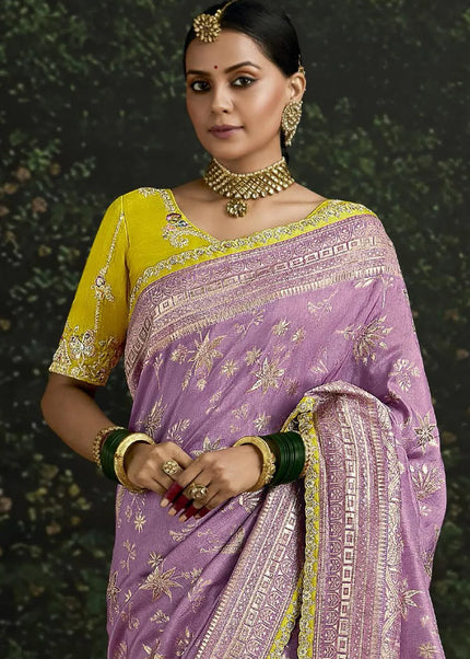 Mustard and Lavender Embroidered Wedding Saree