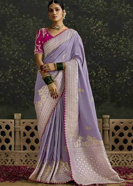 Pink and Lavender Embroidered Wedding Saree