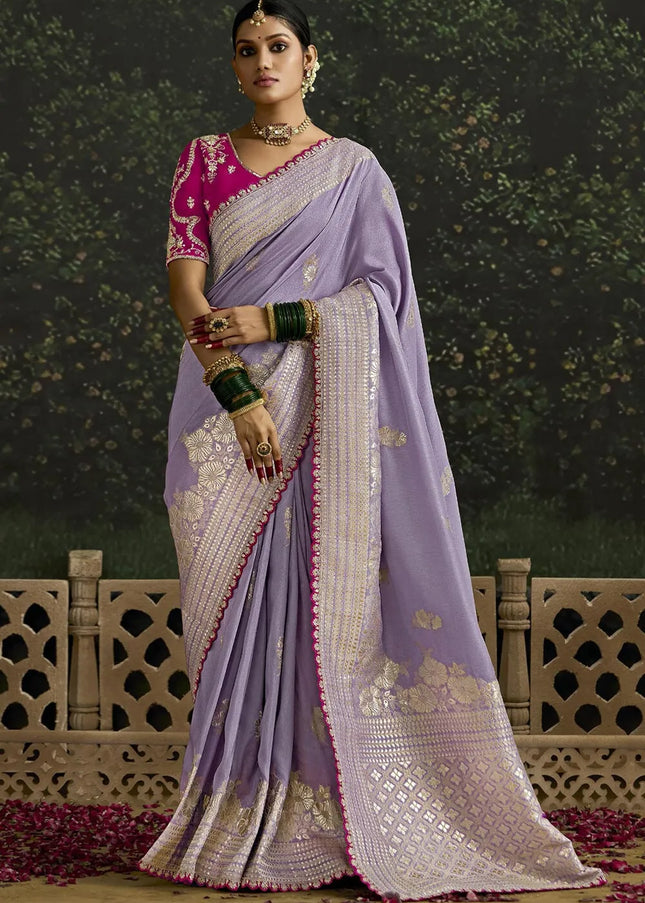 Pink and Lavender Embroidered Wedding Saree