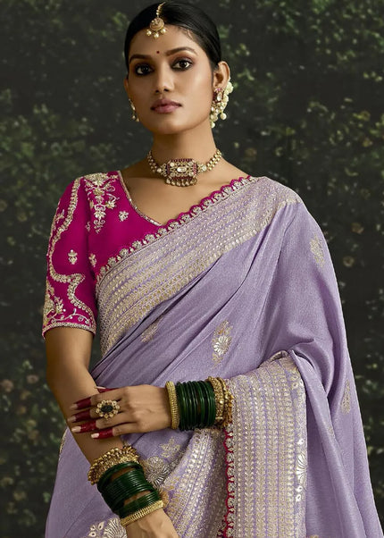 Pink and Lavender Embroidered Wedding Saree