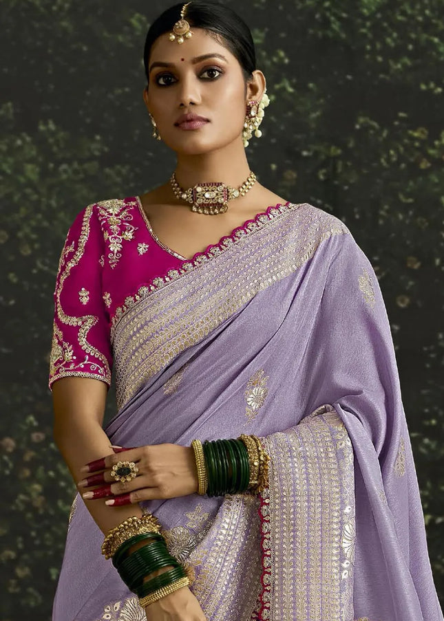 Pink and Lavender Embroidered Wedding Saree
