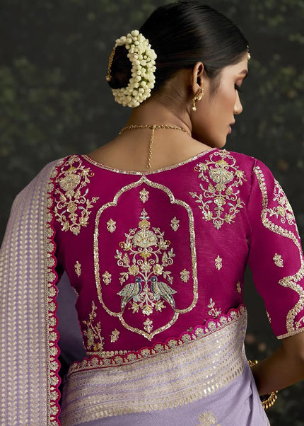Pink and Lavender Embroidered Wedding Saree