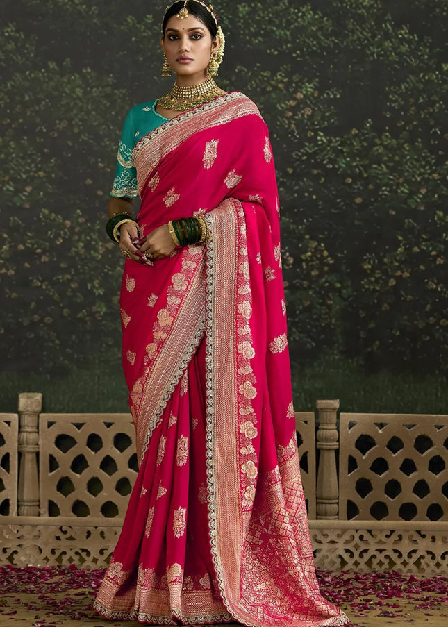 Sky Blue and Red Embroidered Wedding Saree