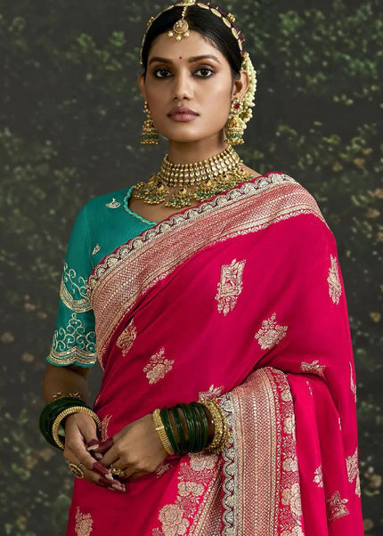 Sky Blue and Red Embroidered Wedding Saree