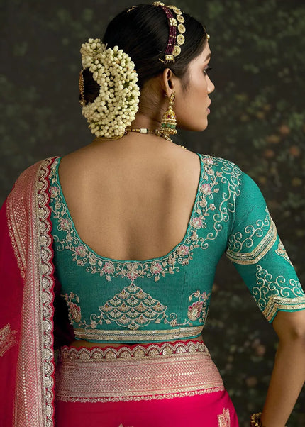 Sky Blue and Red Embroidered Wedding Saree