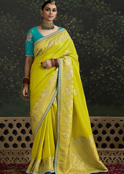 Blue and Green Embroidered Wedding Saree