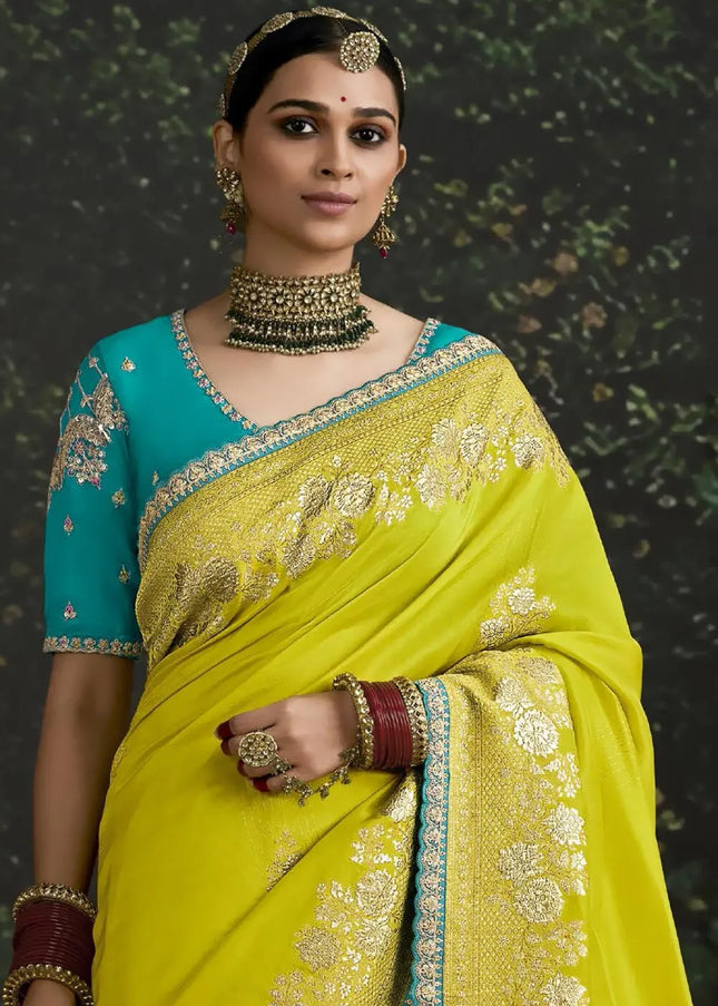 Blue and Green Embroidered Wedding Saree