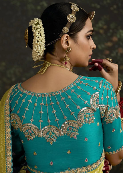 Blue and Green Embroidered Wedding Saree