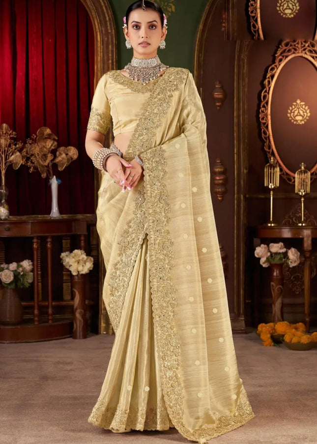 Beige Embroidered Wedding Saree
