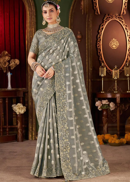 Grey Embroidered Wedding Saree
