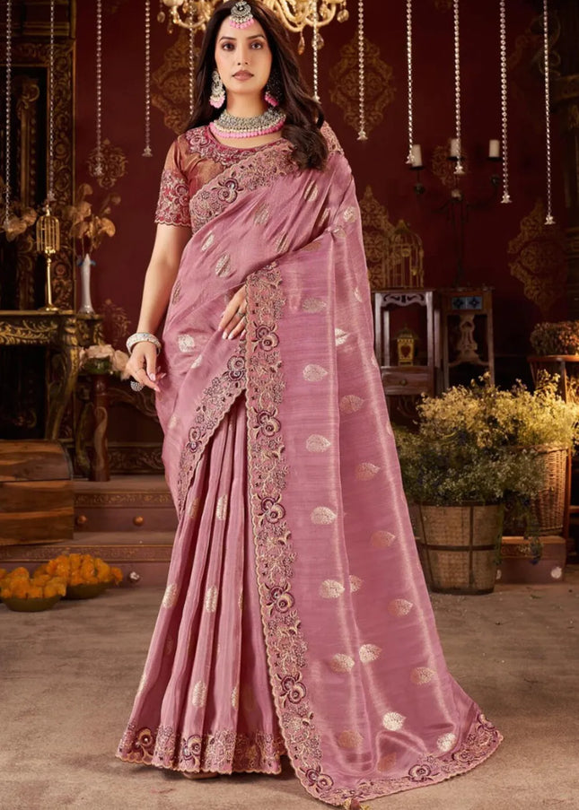 Brown and Pink Embroidered Wedding Saree