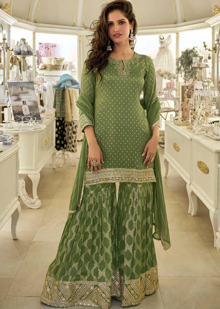 Green Embroidered Gharara Suit