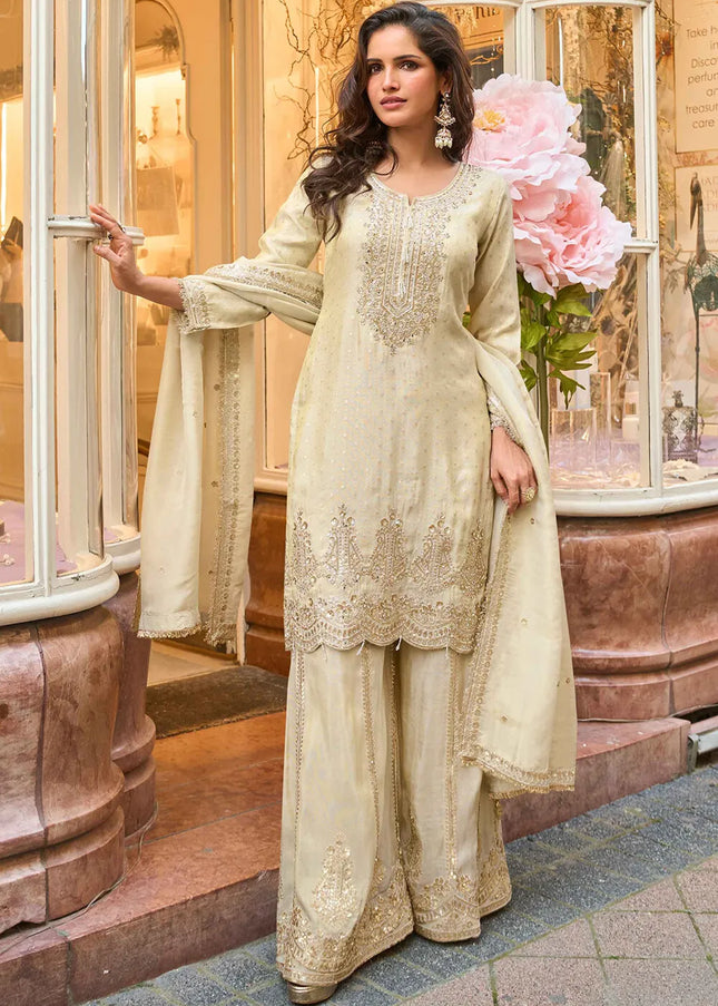 Cream Embroidered Palazzo Suit