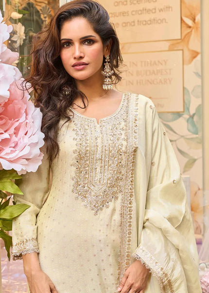 Cream Embroidered Palazzo Suit