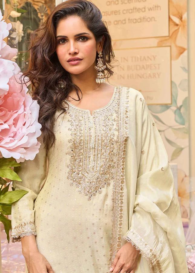 Cream Embroidered Palazzo Suit
