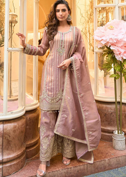 Pink Embroidered Palazzo Suit