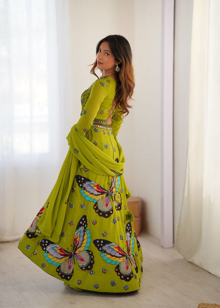 Parrot Green Embroidered Lehenga Choli