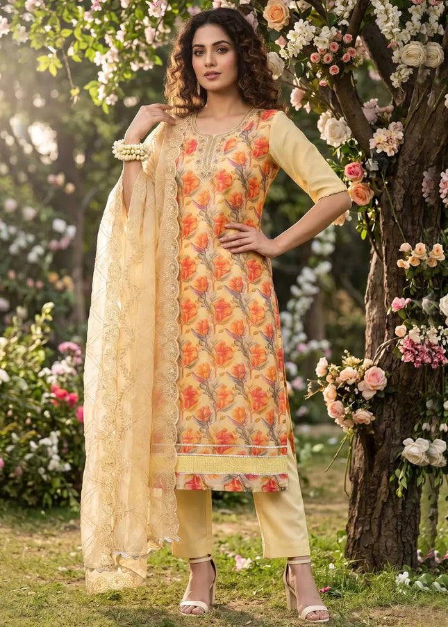 Yellow Embroidered Pant Style Suit