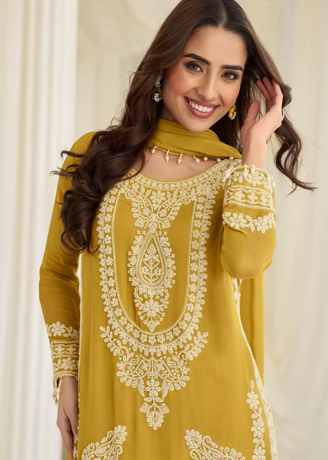 Mustard Yellow Embroidered Pant Style Suit