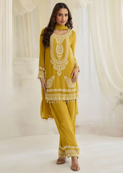 Mustard Yellow Embroidered Pant Style Suit