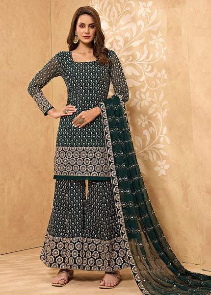 Green and Gold Embroidered Sharara Suit