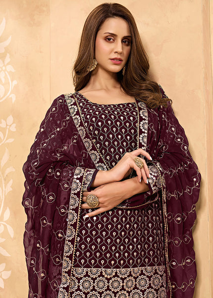 Maroon  and Gold Embroidered Sharara Suit