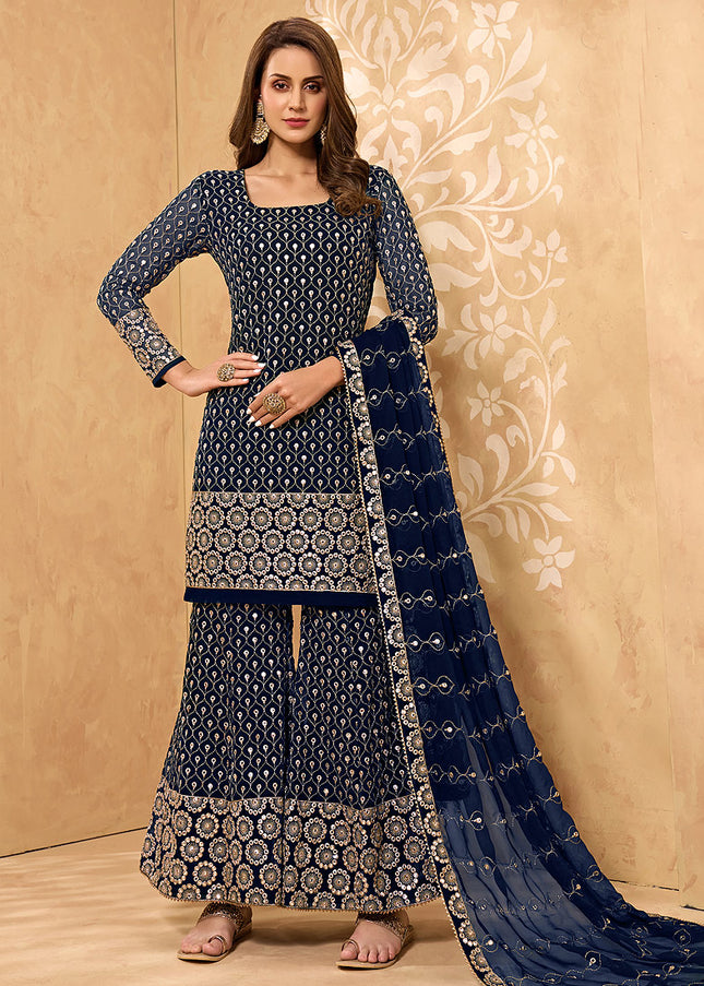 Blue and Gold Embroidered Sharara Suit