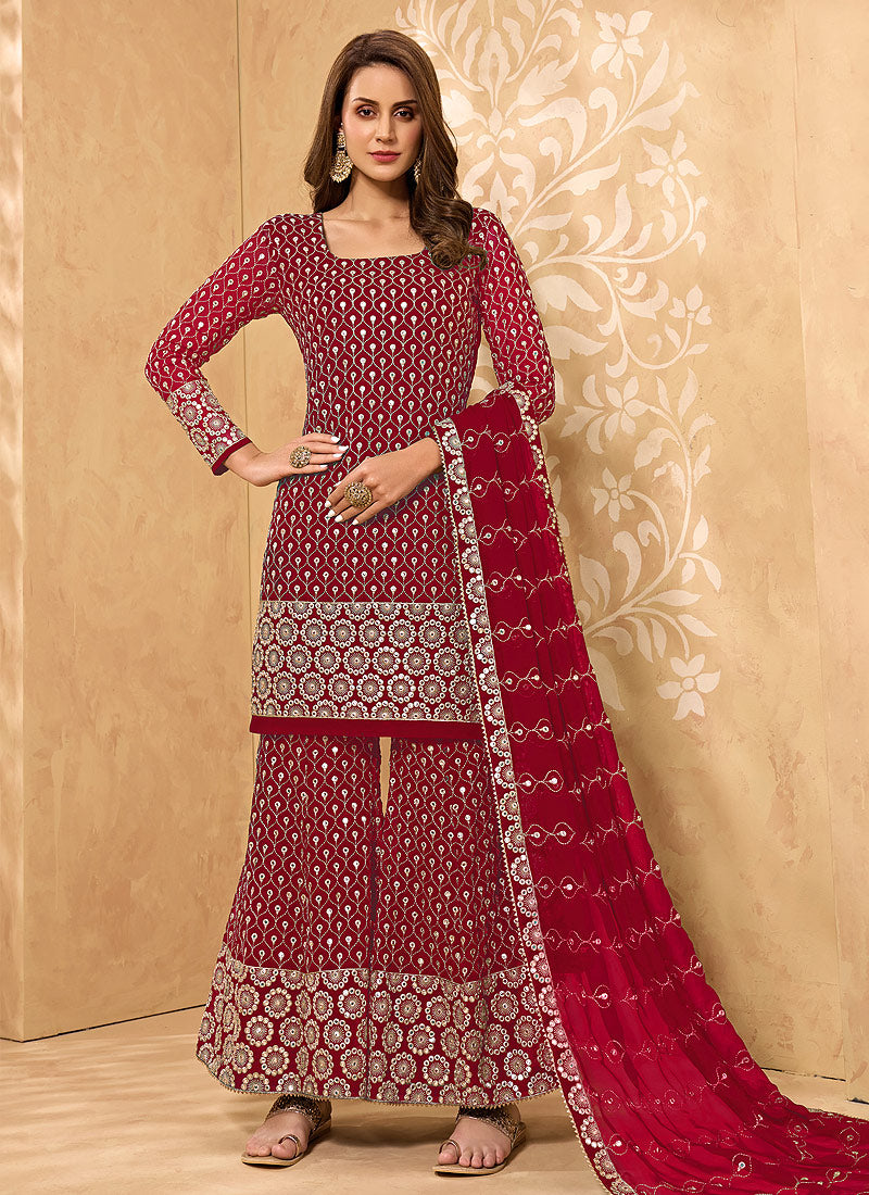 Red and Gold Embroidered Sharara Suit FALAKENOOR Red and Gold Embroidered Sharara Suit FALAKENOOR