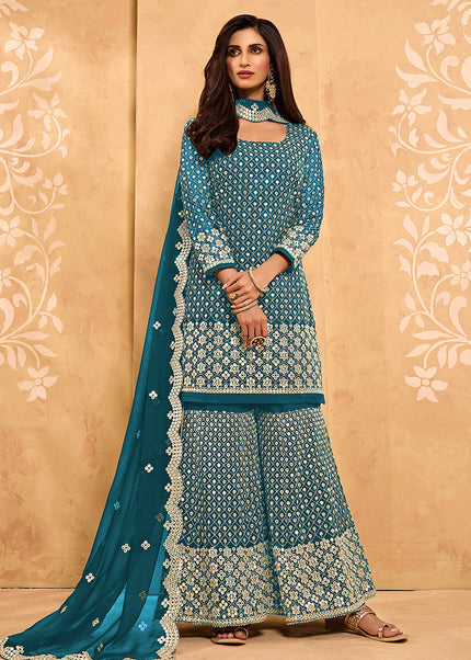 Teal  and Gold Embroidered Sharara Suit