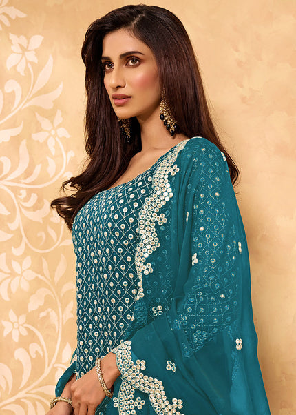 Teal  and Gold Embroidered Sharara Suit