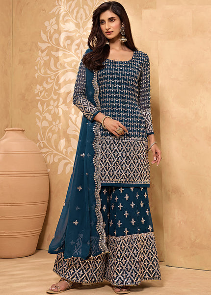 Blue and Gold Embroidered Sharara Suit