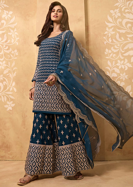 Blue and Gold Embroidered Sharara Suit