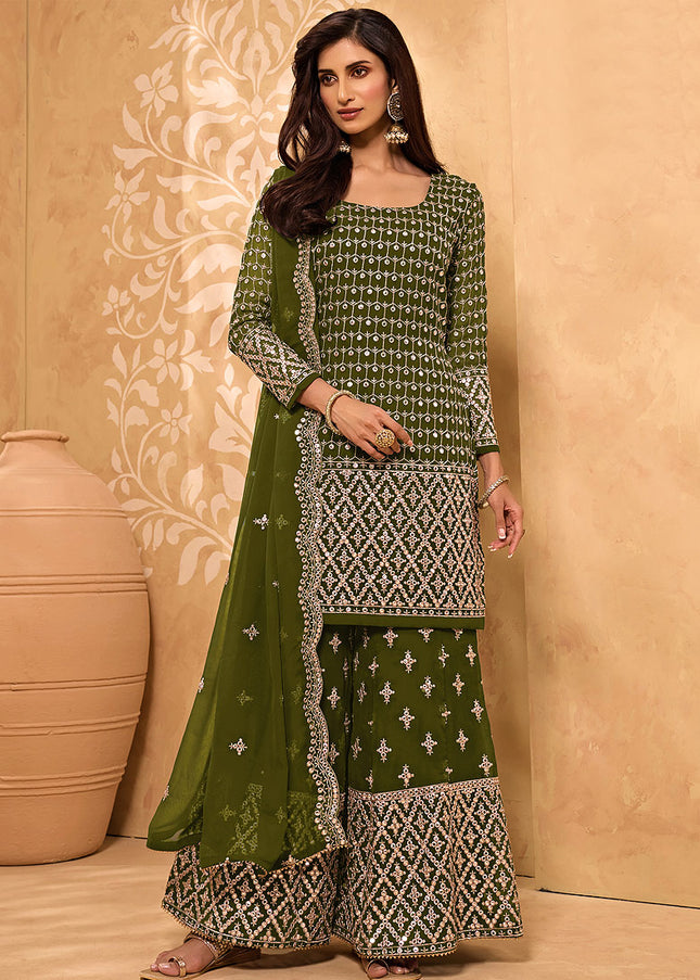 Green and Gold Embroidered Sharara Suit