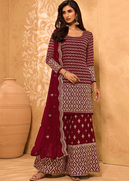 Maroon  and Gold Embroidered Sharara Suit