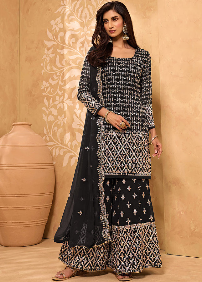 Black and Gold Embroidered Sharara Suit