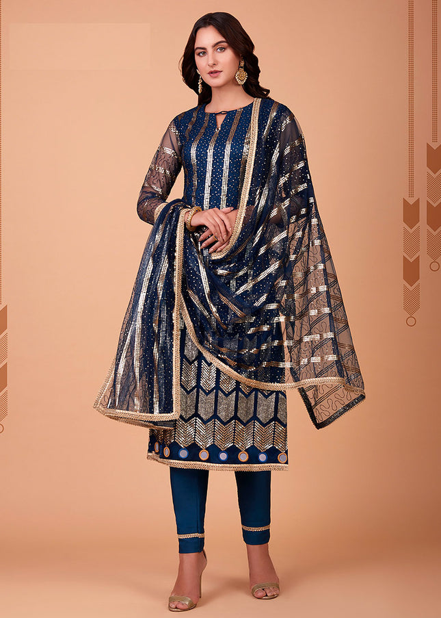 Blue and Gold Embroidered Straight Pant Suit