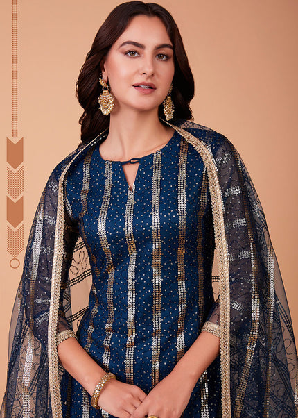 Blue and Gold Embroidered Straight Pant Suit