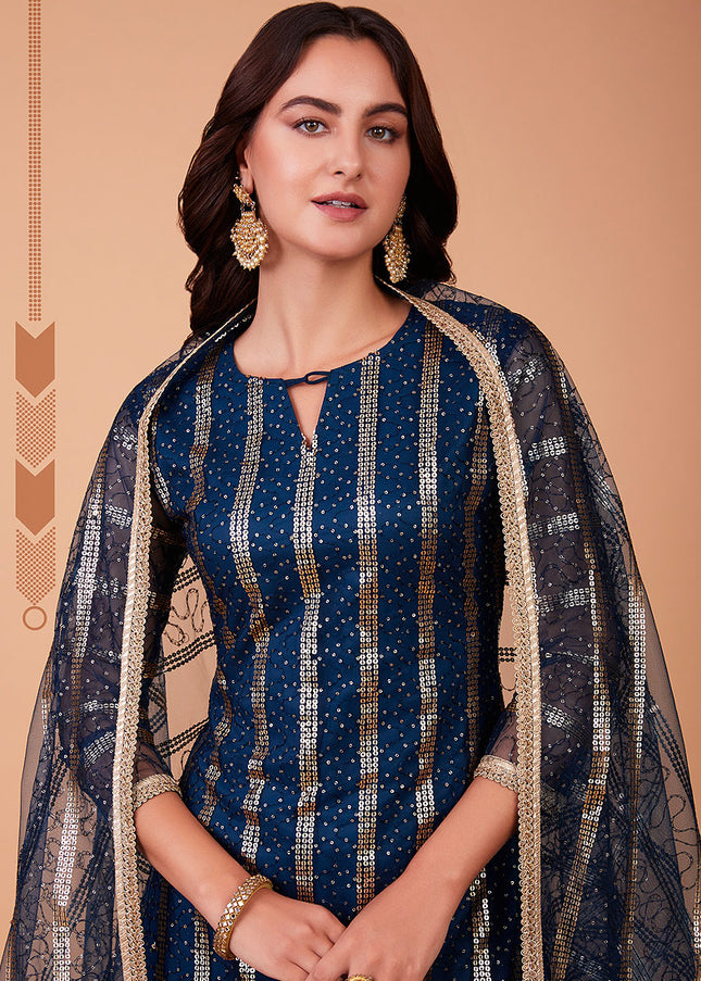 Blue and Gold Embroidered Straight Pant Suit