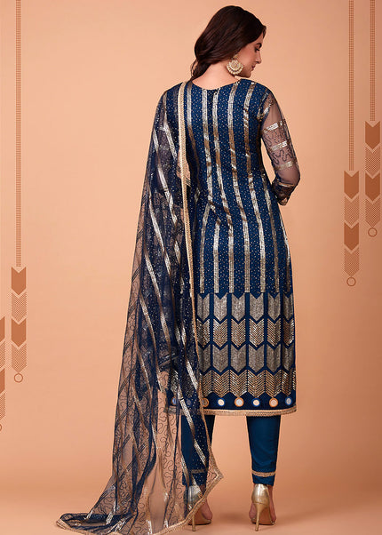 Blue and Gold Embroidered Straight Pant Suit
