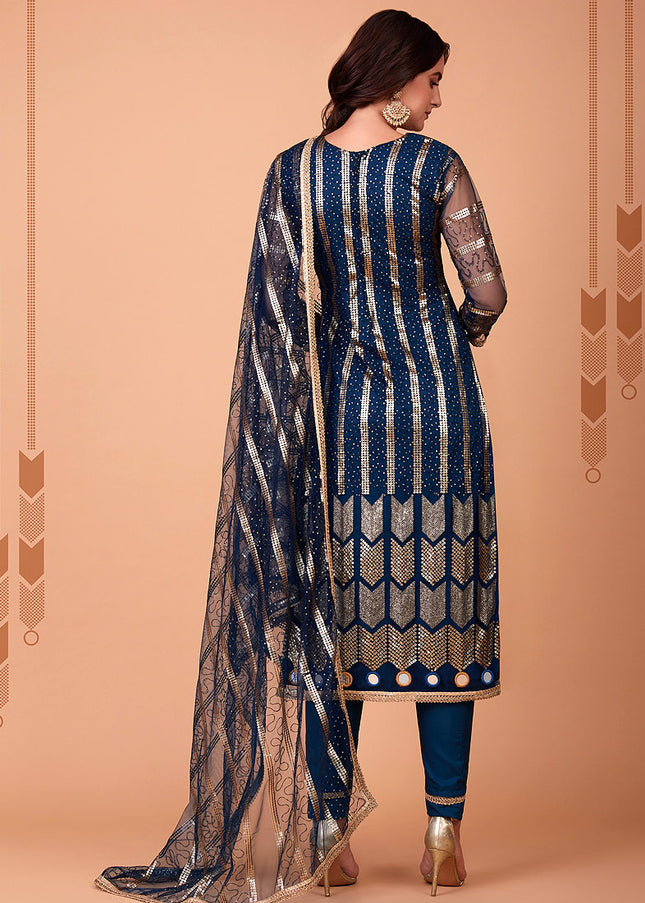 Blue and Gold Embroidered Straight Pant Suit