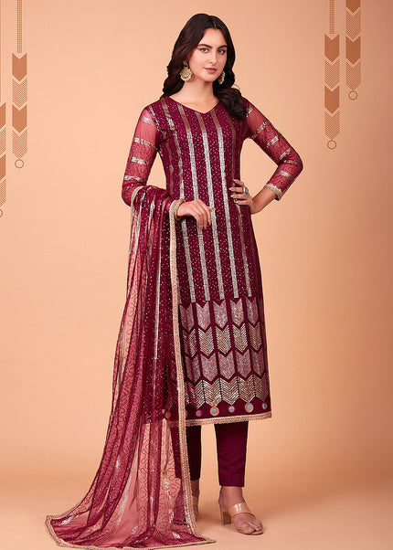 Red and Gold Embroidered Straight Pant Suit