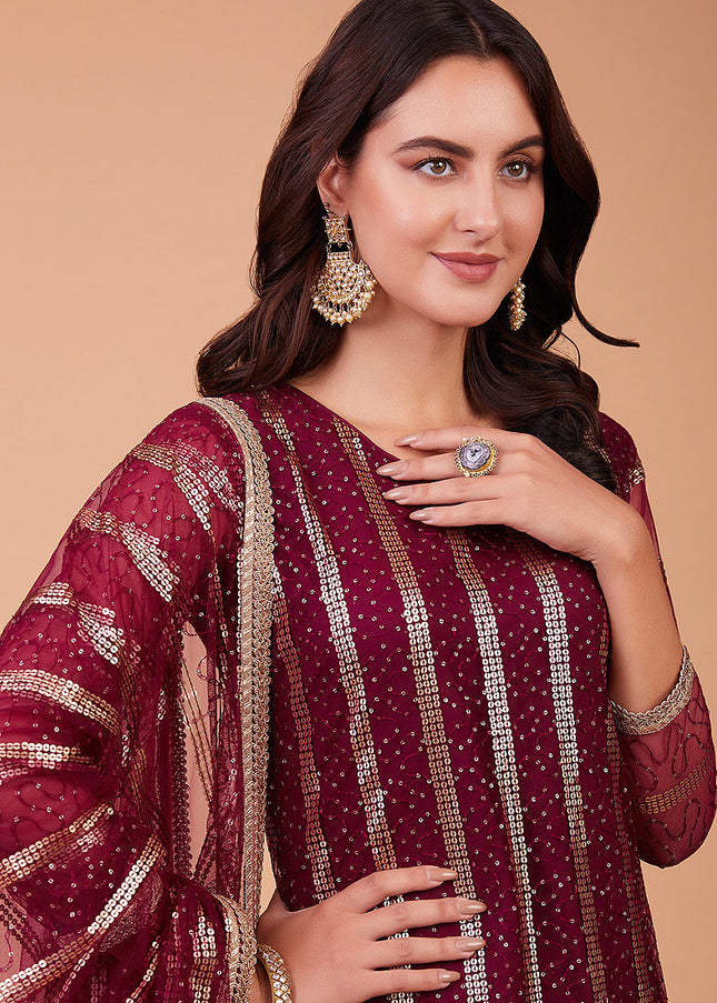 Red and Gold Embroidered Straight Pant Suit