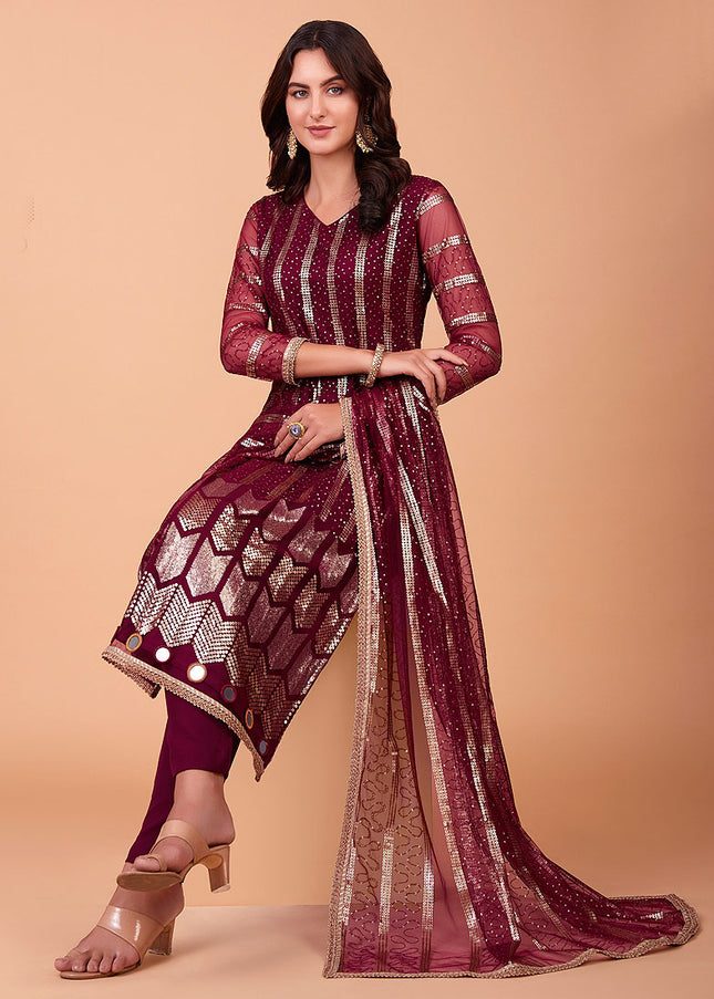 Red and Gold Embroidered Straight Pant Suit