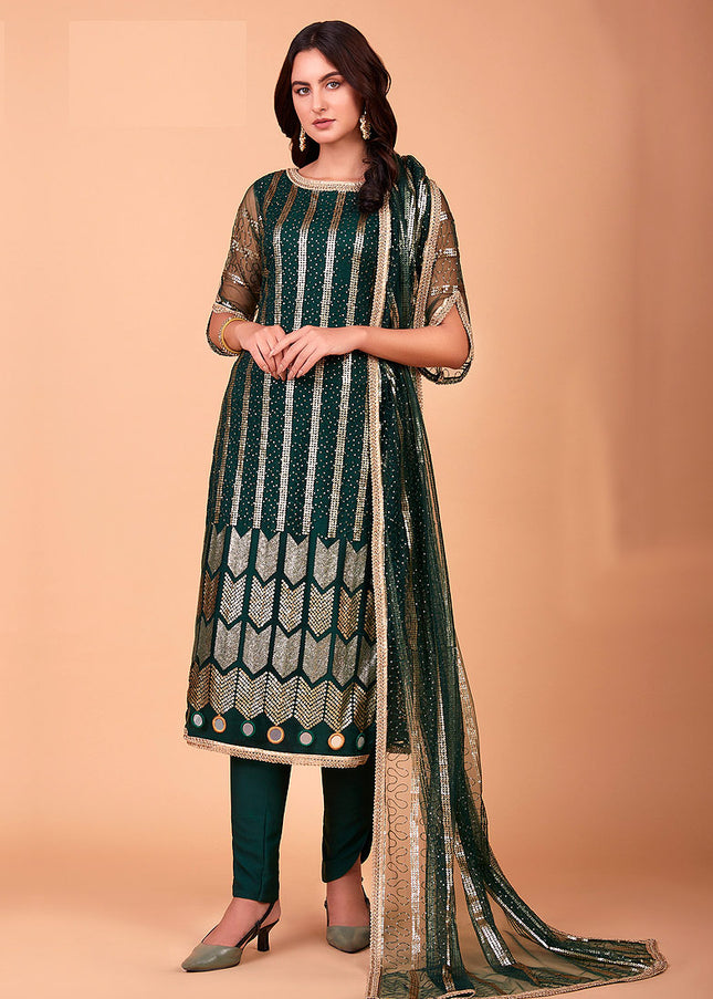 Green and Gold Embroidered Straight Pant Suit