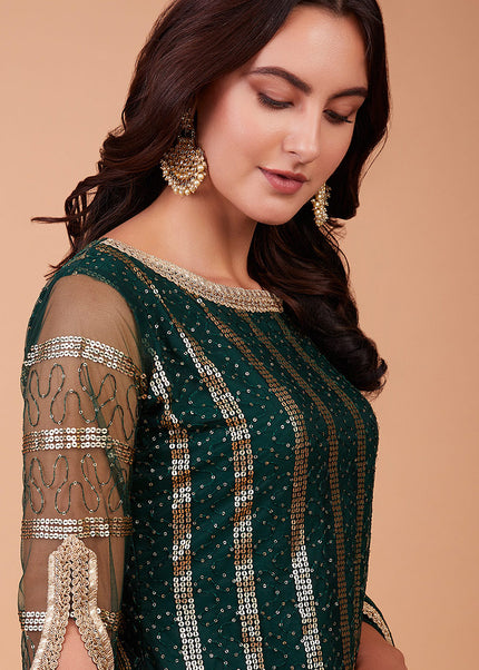 Green and Gold Embroidered Straight Pant Suit